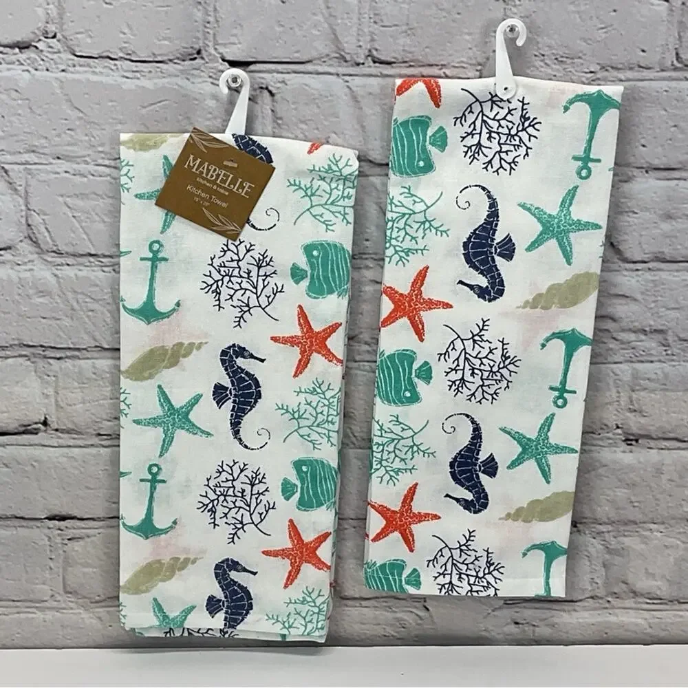 Nautical Beach Theme 4 Piece Kitchen Set 2 Dish Towels 1 Pot Holder 1 Oven Mitt